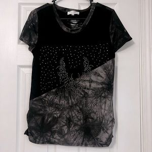 Studded rhinestone lace top with slit back detail